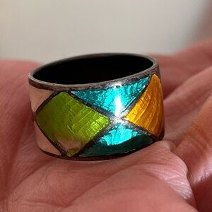Antique Art Deco Guillouche Enamel Harlequin Sterling Silver Thick Band Ring